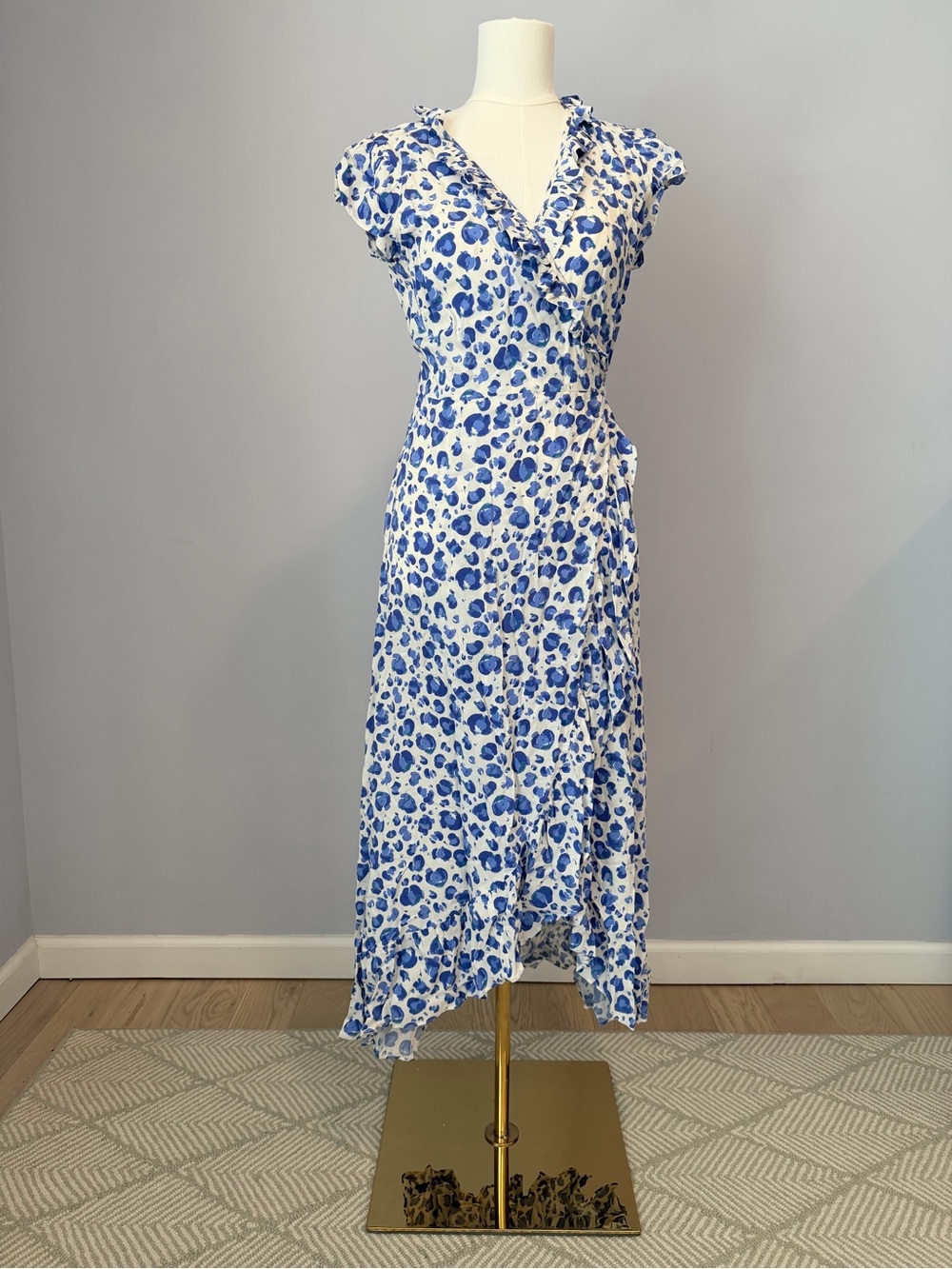 Aspiga Blue White Leopard Print Ruffle Wrap Maxi Dress Size M